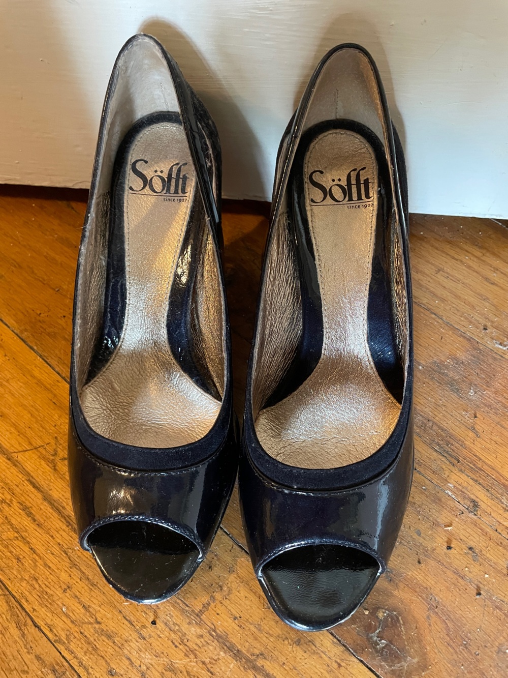 Söfft Navy Patent Peep-Toe Heels with Suede Trim